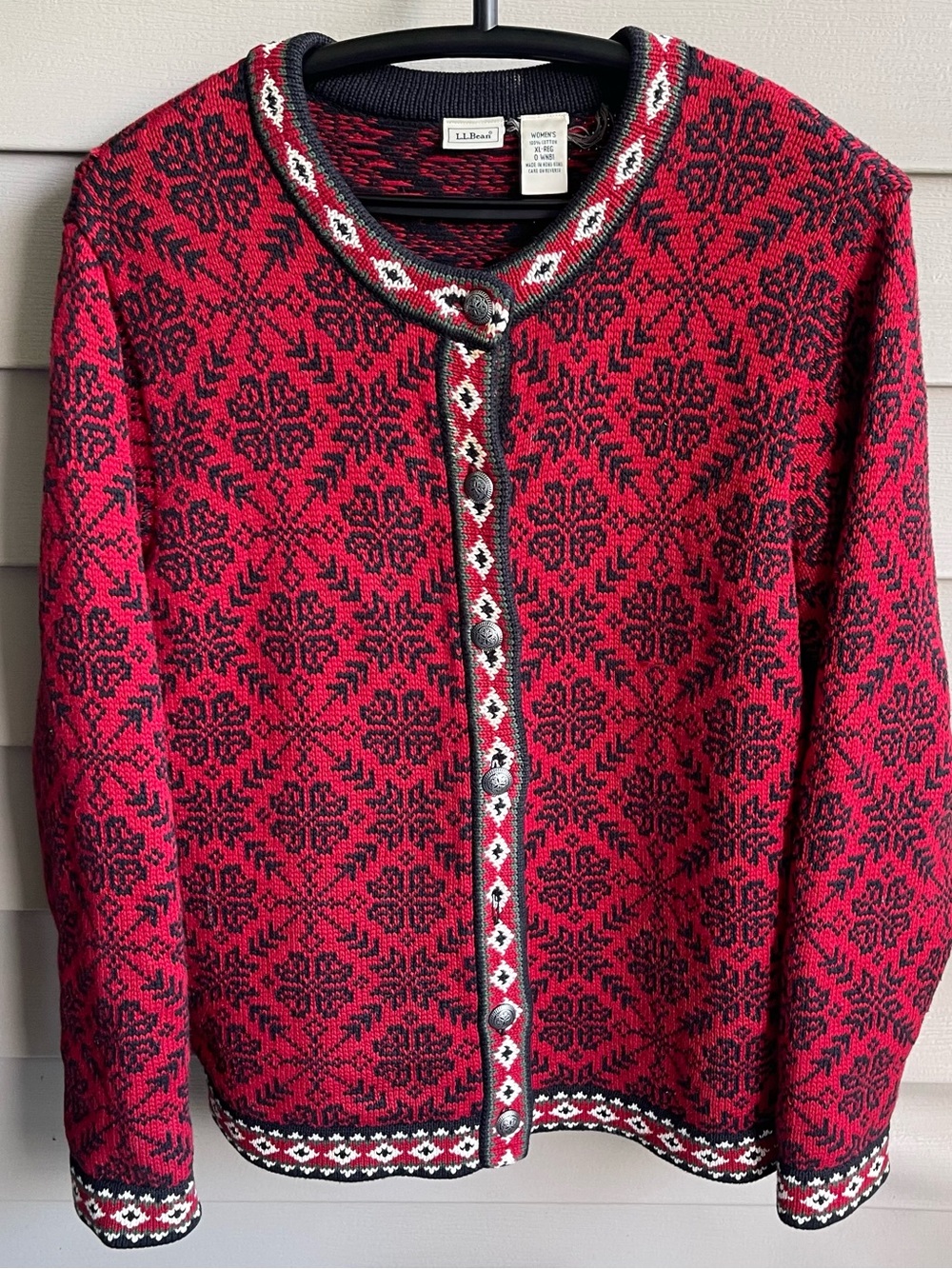 LL Bean Cardigan Sweater Nordic Fair Isle Cotton Womens XL Red Holiday Cabin